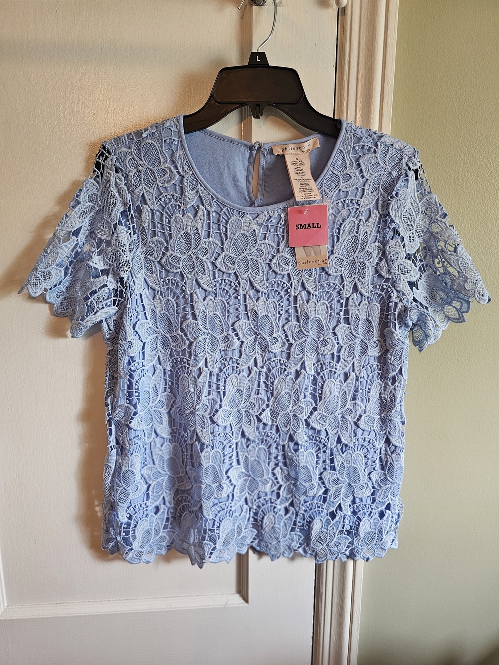 Philosophy Light Blue Floral Lace Short Sleeve Top